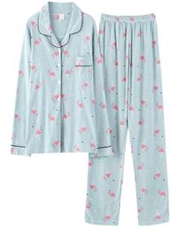 Print Flamingo Spring 2019 Loose Pajamas Women Girls Homewear Set Long Sleeve Elastic Waist Pants Cotton Lounge pyjamas S869072670371
