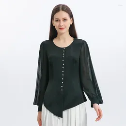 Women's T Shirts Simple O-Neck Embroidered Flares Blackish Green Silk Woman Tshirts Elegant Butterfly Long Sleeves Asymmetric T-Shirts BE918