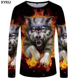 KYKU Wolf Long sleeve T shirt Flame Tops Tees Tshirt 3d Tshirt Clothing Men Fashion Punk Male New MX2005094921030