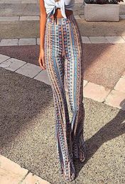 2018 Women Striped Printed New Boho Flare Pants High Elastic Waist Vintage Soft Stretch Ethnic Style Bell Bottom Hippie Pants V1918737908
