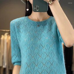 Women's T Shirts MOONYUEFA O-Neck Short Sleeve Pullover T-Shirt Hollow Worsted Wool Thin Loose Cashmere Sweater Top