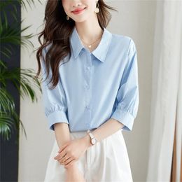 Women's Blouses Blue/ White Button Up Cotton Shirt Women Summer Solid Color Tops Female Korean Fashion Lantern Sleeve Lapel Casual Loose