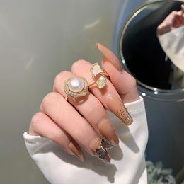 Romantic 18K Gold Korean Pearl Zircon Ring Party Wedding Band Rings for women Statement Finger Jewellery Gift Ebxmx