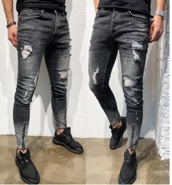 Mens Stylish Ripped Skinny Slim Jeans Fashion Designer Washed Zipper Panelled Biker Straight Frayed Stretch Denim Pants Streetwear1657618