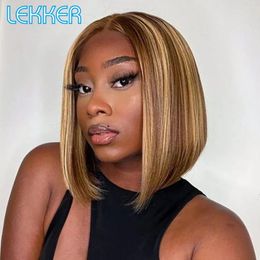 Lekker Highlight Brown Straight Bob 13x6x1 Lace Front Human Hair Wig For Women Pre Plucked Transparent Brazilian Ready Wear Wigs