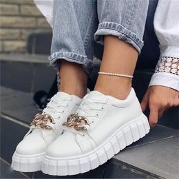 Casual Shoes Fashion White Sneakers Women 2024 Spring Ladies Comfy Lace Up With Chain 36-43 Large-Sized Female Sport Flats