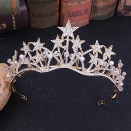 Baroque Gold Colour Star Crystal Pearl Wedding Tiaras Bridal Crown for Bride Rhinestone Crowns Headband Jewellery Hair Accessories 240516