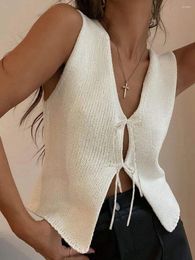 Women's Tanks Women S Knit Vest Summer Open Front Tie-Up V Neck Sleeveless Solid Colour Fitted Tank Tops Clubwear Streetwear