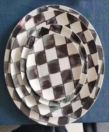 Morocco Style Ceramic Round Plates black and white grid bone china Dinnerware Sets serving plate6367772