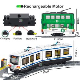 Technical Subway Train City Car Metro Tram Electric Model Rechargeable Lithium Battery Motor Building Blocks Toys For Boy Gift