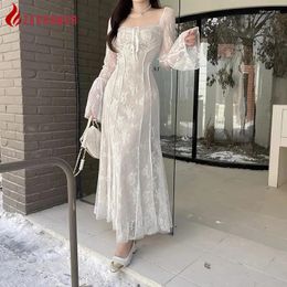 Casual Dresses 2024 Spring French Sexy Elegant KniLace Long Dress Women Temperament Mesh Flare Sleeve Square Colla Mermaid Club Party