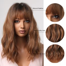 Curly Brown Ombre Black Synthetic Wigs Short Wavy Wigs with Bangs Party Cosplay for Women Afro Natural Daily Heat Resistant Hair
