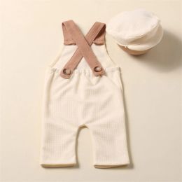 Baby Suspender Pants+Beret Hat Set for Newborn Photography Props Clothes Gentleman Vintage Long Pants Bonnet Photo Posing Outfit