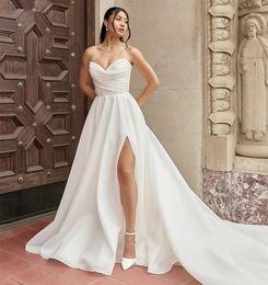Elegant Long Strapless Neck Satin Wedding Dresses With Slit/Pockets A-Line Sleeveless Ivory Sweep Train Lace Up Back Bridal Gowns for Women