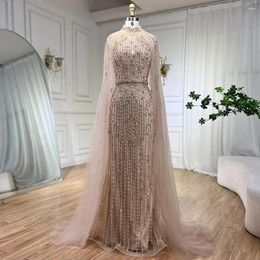 Party Dresses SERENE HILL Muslim Nude Mermaid Cape Sleeves Pearls Beaded Luxury Dubai Evening Gowns 2024 Women Wedding CLA72372