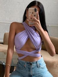 Women's Tanks Women Strappy Cross Over Front Cut Out Halter Neck Sleeveless Backless Wrap Crop Top Bandage Vest Summer Sexy Tops Woman