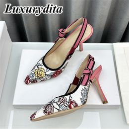 Luxury Womens High Heel Sandal Casual Lace Fashion 95mm 65mm 13mm Hight Quality Embroidered Muller Flat Shoes real Leather sole Designer Silk with box XY76