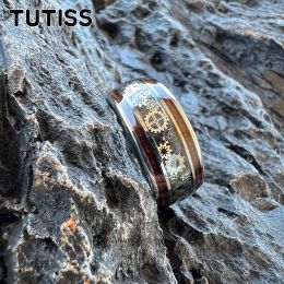 TUTISS 10mm Large Width Gear Ring Men Women Tungsten Quality Wedding Band With Wood Inlay In Stock Comfort Fit