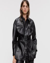 QNPQYX New Slim PU Coats Women Fashion Faux Leather Jackets Women Elegant Tie Belt Waist Pockets Buttons Coats Female Ladies IP wh8216159