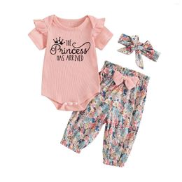 Clothing Sets Summer Infant Baby Girls Outfit Short Sleeve Letters Print Romper Floral Pants Headband Clothes