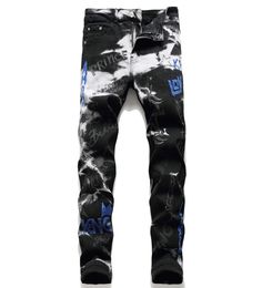 2021 New Men039s Letters Embroidery Black Stretch Denim Jeans Embroidered Pencil Pants Trousers Ripped Patch Moto Biker Jeans S9980690