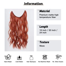 Wine Red Synthetic Hairpieces No Clip Invisible Wire Hair Extensions for Women Long Wavy Fish Line Hair Piece Cosplay Daily Use