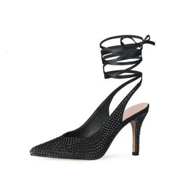Leather s 2024 Genuine Lady Style Real 10CM High Heel SANDALS Pointed Toe Lace-up Satin Summer SHOES Party Cross-tied Pillage Diamond Size 34-46 Black Colou 84d Cro-tied