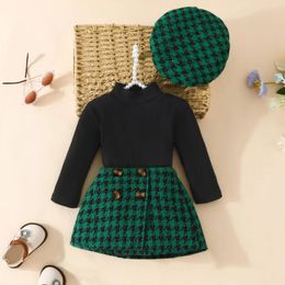 Clothing Sets Baby Girls Long Sleeve Round Neck Ribbed Tops Skirt Beret Hat 3pcs Set Children Fall Costume Outfits 0-4Years
