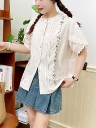 Women's Blouses Mori Kei Clothing Japanese Style Stand Collar Short Sleeve Embroidery Sweet Cotton Shirts Women 2000s Y2k Tops