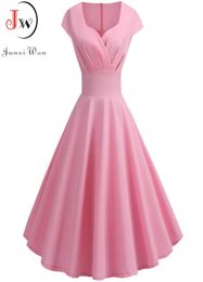 Pink Summer Dress Women V Neck Big Swing Vintage Dress Robe Femme Elegant Retro pin up Party ice Midi Dresses Plus Size 2103198444584