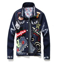 Men039s Slim Badge Paint Denim Jacket Streetwear Hip Hop Mens Embroidered Motorcyle Jean Coat Male Fashion Outerwear Chaqueta H1500295