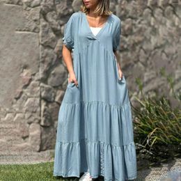 Casual Dresses Large Size Short Sleeve Loose Dress 2024 Summer Women's V-neck High Waist Long Vintage Solid Color Beach