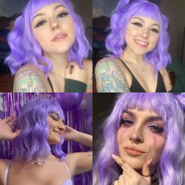 Light Purple Short Bob Curly Water Wavy Synthetic Wig with Bangs Colourful Cosplay Natural Fake Hair for Women Girl Halloween Wig