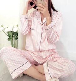 Whole 2017 New Spring Longsleeve Sexy Faux Silk Fashion Pink Stripe Women Pajamas Sets Simple Soft Ladies Homewear Pijamas S7828635