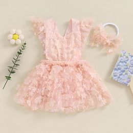 Girl Dresses BeQeuewll Baby Girls Rompers Dress 3D Flower Sleeve Back Tie-Up Layered Tulle Skirt Hem Toddler Bodysuits With Headband