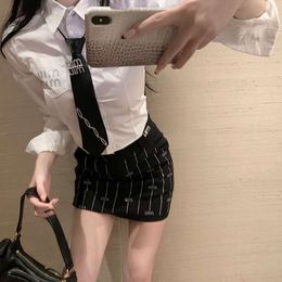 Women's Suits & Blazers Mm24 Summer Fashion Diamond Letter Temperament Academy Style Slim Short Long Sleeved Shirtshort Skirt Cover