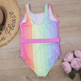 Rainbow Print Children Girl Swimwear Swimsuit 2023 Belt Deco Child Girls Kids One Piece Swimwear Summer Beach Baby Monokini
