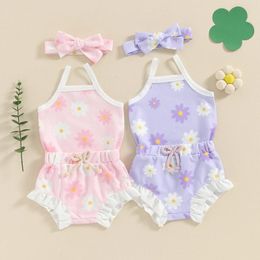 Clothing Sets Summer Born Baby Girl 3pcs Jumpsuits Set Sleeveless Flower Print Romper Elastic Waist Shorts Hairband Toddler Outfits