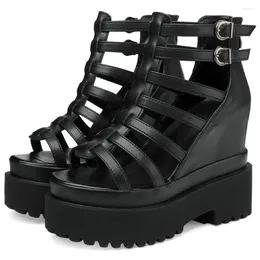 Dress Shoes Chunky Pumps Women's Cow Leather Strappy Platform Wedge Gladiator Sandals Female Summer Ankle Boots High Heels Party Punk