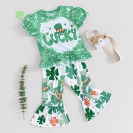 Clothing Sets Toddler Girl St Patricks Day Outfit Lucky Pattys Bubble Shirt And Clover Print Flare Pants Clothes Set