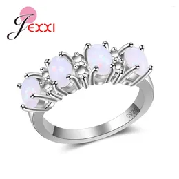Cluster Rings Simple White Opal Stones Prong Setting Real 925 Sterling Silver Decorations For Women Wedding Party Accessory
