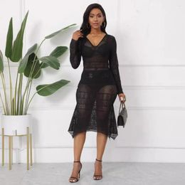 Casual Dresses 2024 Spring Summer Long Sleeve V-neck See Through Hollow Out Dress Women Sexy Black Lace Club Party Irregular Midi