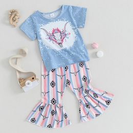 Clothing Sets Western Toddler Baby Girl Summer Clothes Short Sleeve Cow Head Print T-Shirt Top Striped Flare Pants Set Boho Bell Bottom