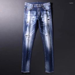 Men's Jeans Street Fashion Men High Quality Retro Blue Plain Washed Elastic Slim Ripped Vintage Designer Brand Pants Hombre