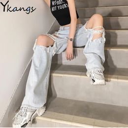 Ripped high waist Mom Jeans boyfriend Loose Thin denim Pants Breeches Overalls Summer Vintage Female Torn Trousers 240523