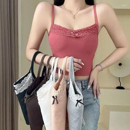 Camisoles & Tanks Bow Decoration Sexy Lace Grey Camisole For Women With Breast Pads Inner Wear And Outer Short Slim Fit Drop