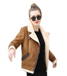 Brown Shearling Sheepskin Coats Women Autumn Winter Womens CoffeeLambs Wool Short Biker Faux Leather Suede Jackets JS30109204662