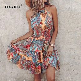 Casual Dresses Summer Beach Party Dress Fashion Sexy Sleeveless Halter Backless Printing Commute Elegant Elastic Waist Female Skirt