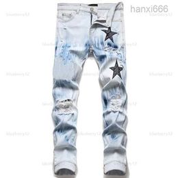 European Jean Hombre Letter Star Embroidery Patchwork Ripped for Trend Brand Motorcycle Pant Skinny