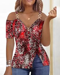 Leisure Summer Product Womens Shirt 2023 Leopard Pattern Zipper Details Split Bottom Cold Shoulder Versatile Vintage Top 240524